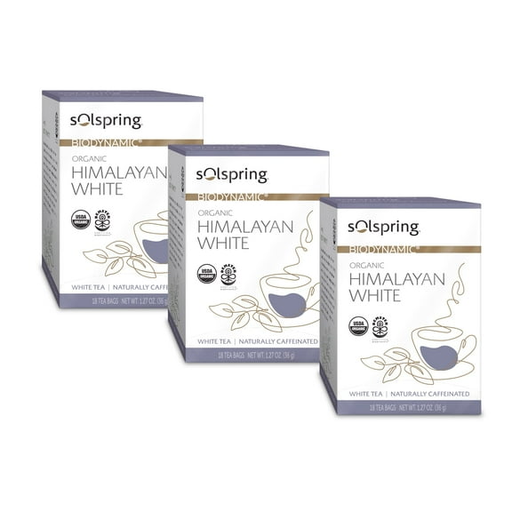 Dr. Mercola Solspring Himalayan White Tea, Crisp yet Delicate Floral Flavor with Mild Caffeine, 18 Tea Bags (Pack of 3) non GMO, Gluten Free, Soy Free, USDA Organic, Demeter Certified Biodynamic