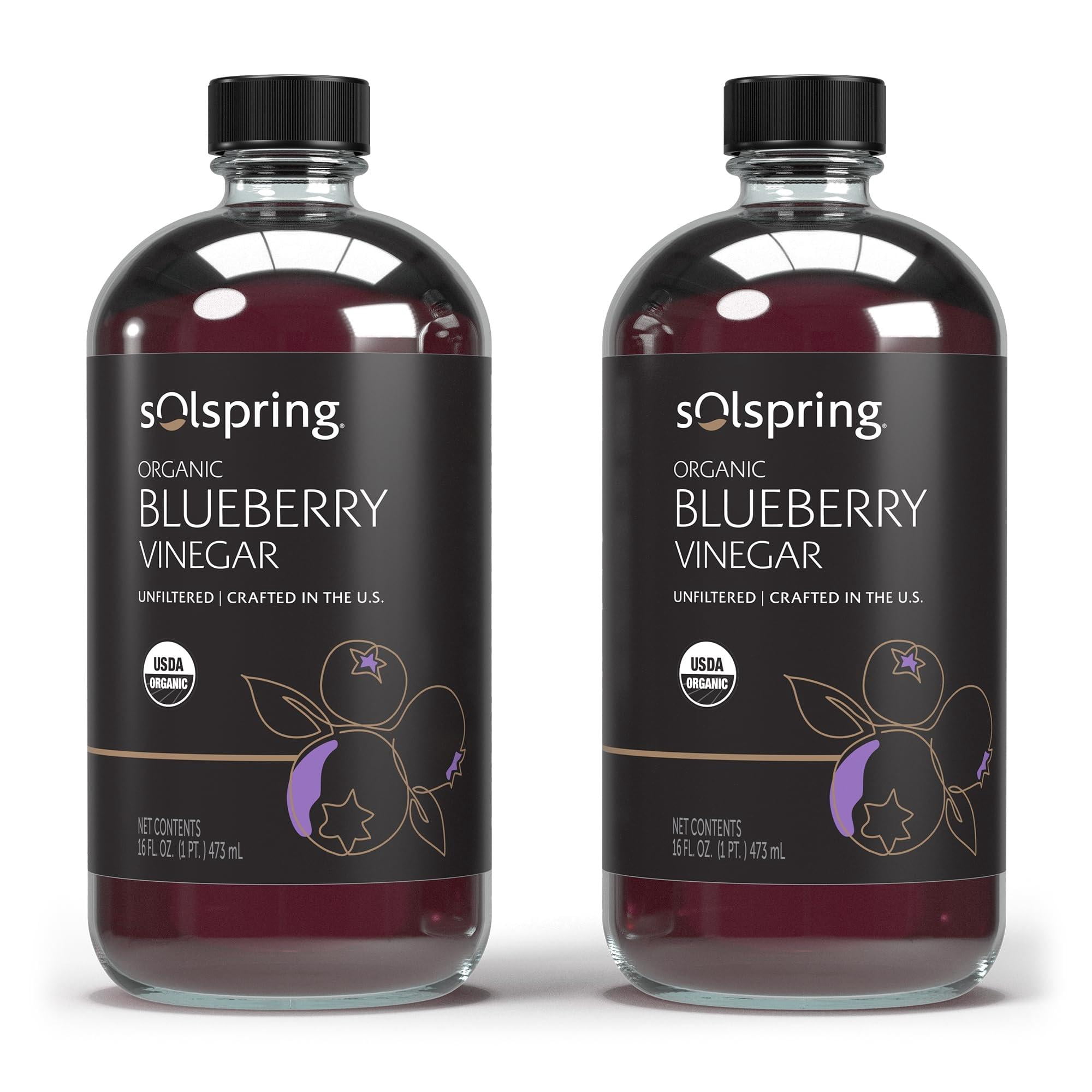 Dr. Mercola Solspring Organic Blueberry Vinegar - True Fruit Vinegar with the Mother - Made from Crushed Organic Blueberries - Unfiltered & Unpasteurized - 16 Fl Oz (31 Servings)-2 Pack
