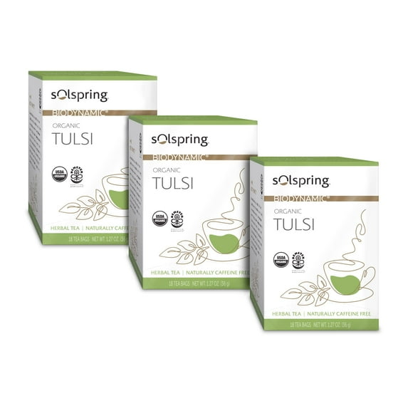 Dr. Mercola Solspring Organic Tulsi Herbal Tea, 18 Tea Bags (Pack of 3) Naturally Caffeine Free, USDA Organic, Organic Demeter Certified