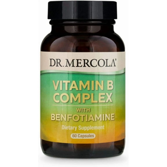 Dr. Mercola Vitamin B Complex, 30 Servings (60 Capsules), with Benfotiamine, Dietary Supplement, Supports Energy Production, Non-GMO