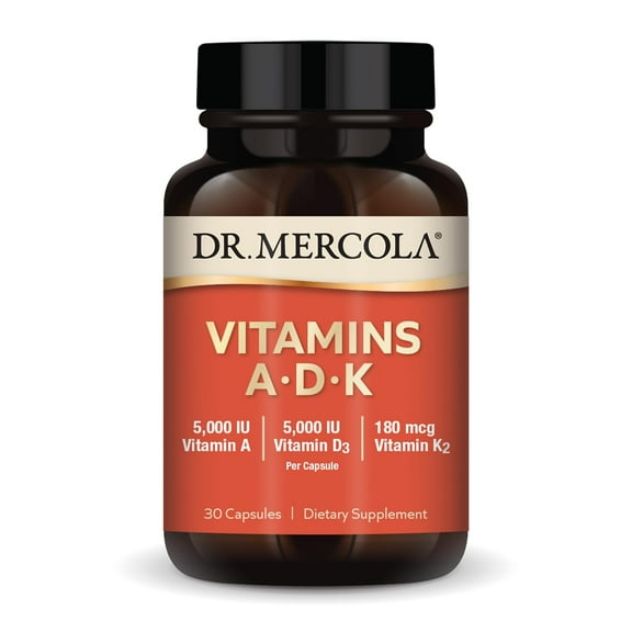 Dr. Mercola Vitamins ADK, 30 Servings (30 Capsules), Dietary Supplement, 5000 IU Vitamin A & Vitamin D3, 180 mcg Vitamin K2, Supports Immune Health, Non GMO