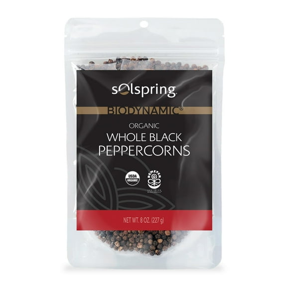 Dr. Mercola's Solspring Biodynamic Organic Whole Black Peppercorns, 8 Oz. (227g), about 227 Servings per Bag, Black Pepper from India, Gluten Free, Soy Free, USDA Organic, Demeter Certified