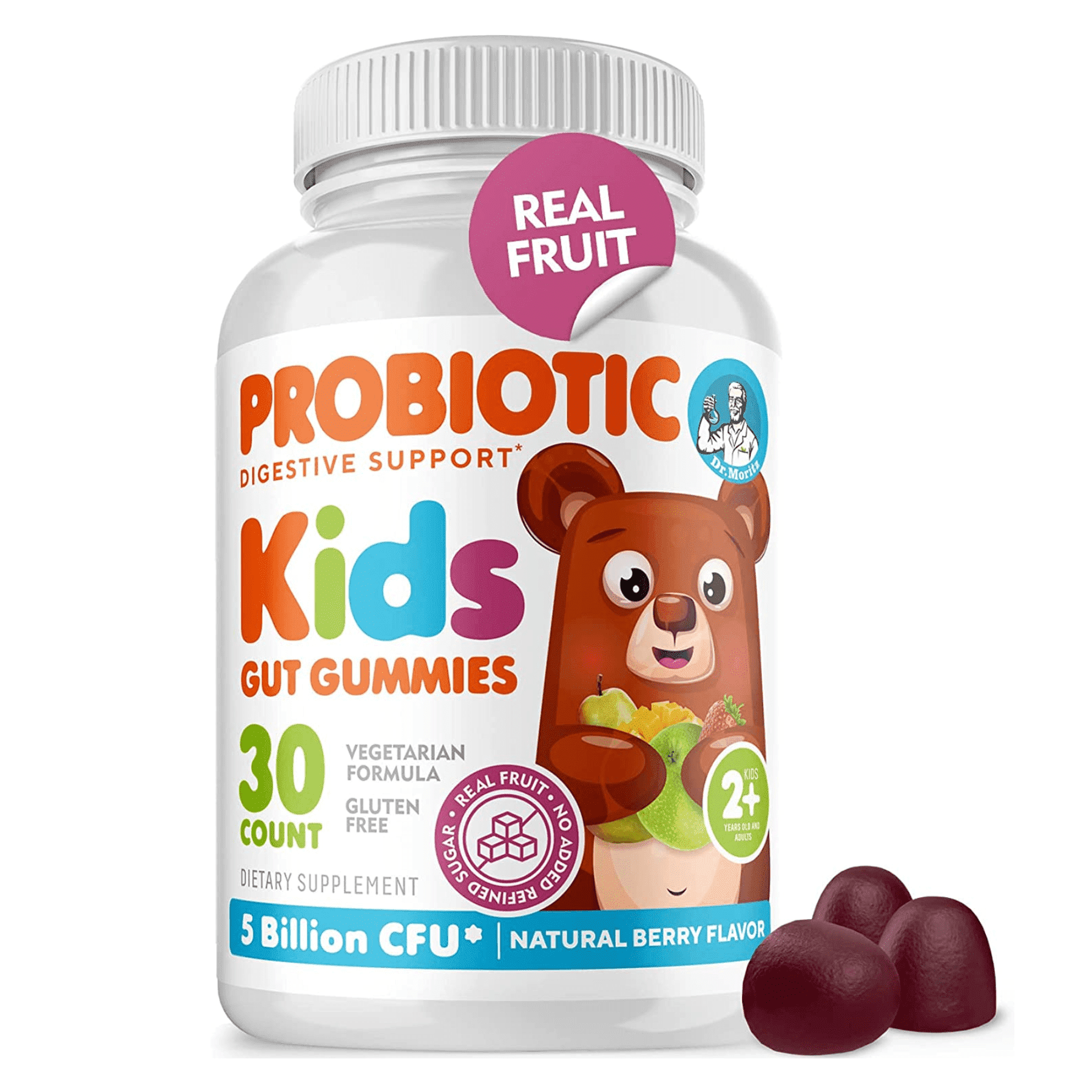 Dr. Moritz Berry Flavor Probiotic Gummies, 30 Count, Sugar Free, 2.5 Billion CFU Chewable Probiotics