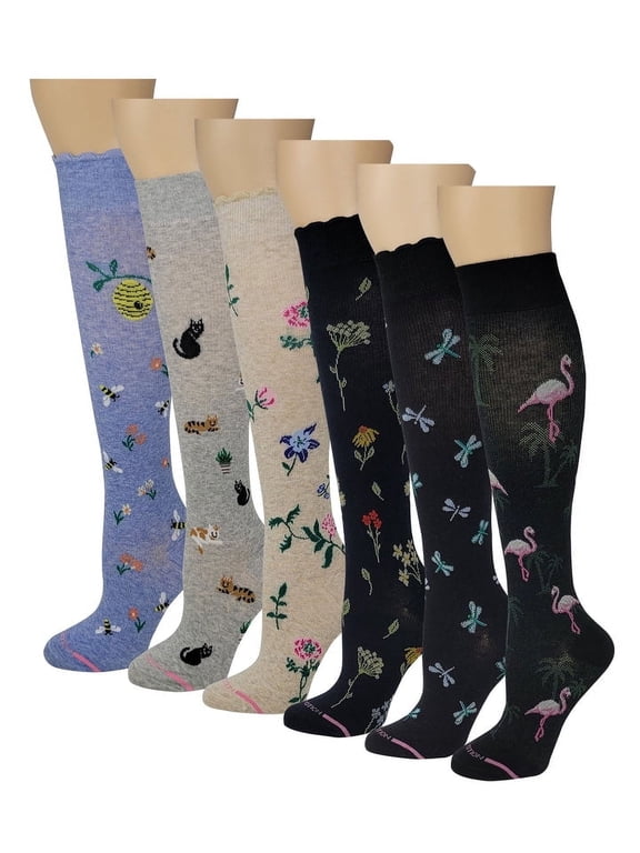 Women Assorted Novelty Colors EverydayGraduted Compression Knee High Socks (6 Pairs)