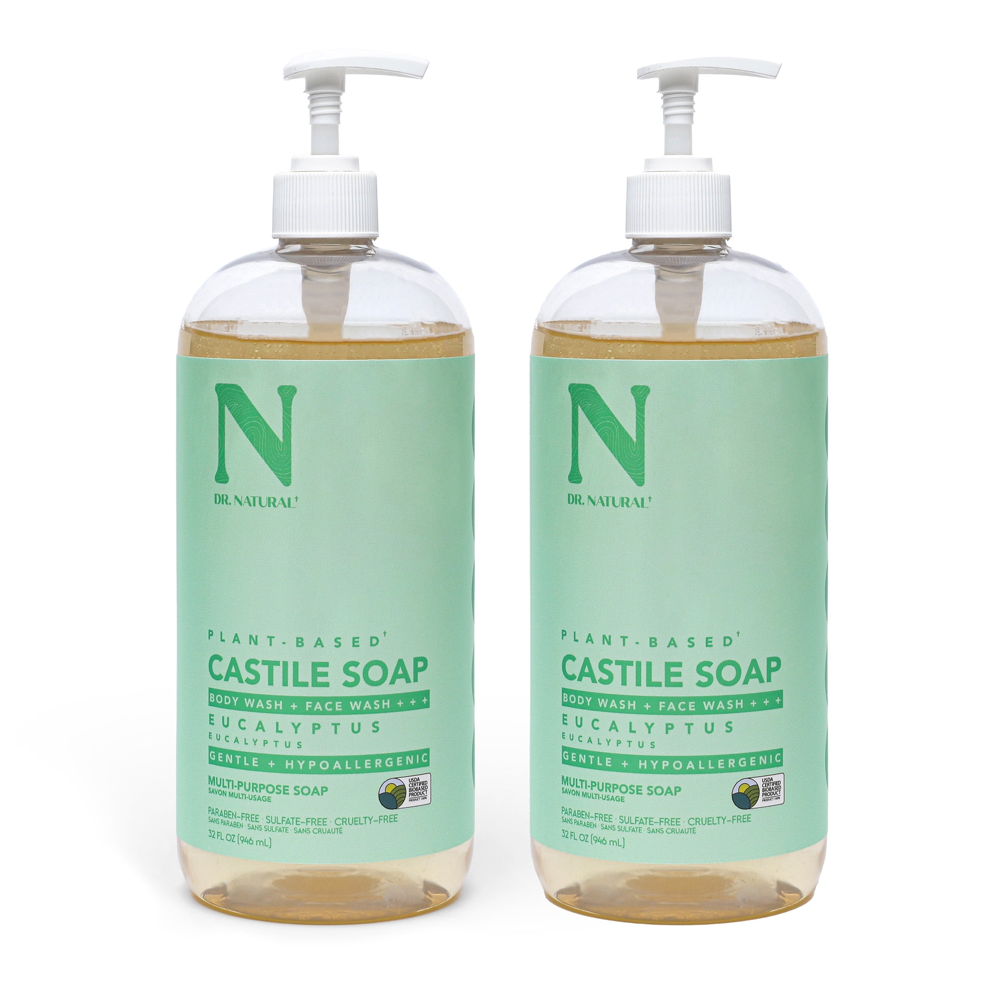 Dr. Natural Castile Liquid Soap, Bathroom Soap, Eucalyptus, 32 oz, 2 pk