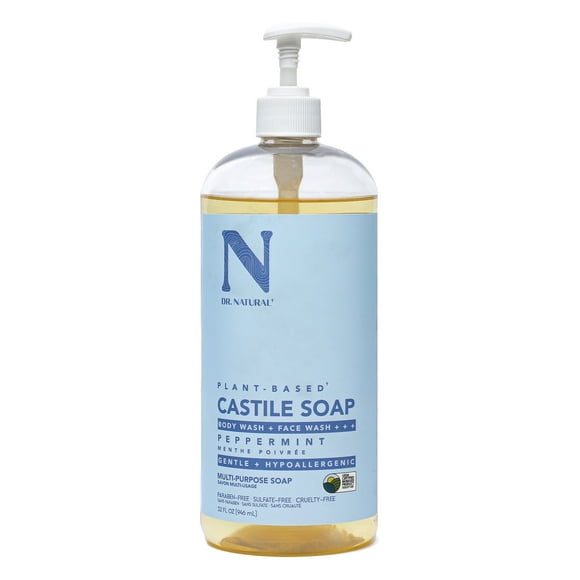 Dr. Natural Castile Liquid Soap, Liquid Soap Body Wash, Peppermint, 32 oz
