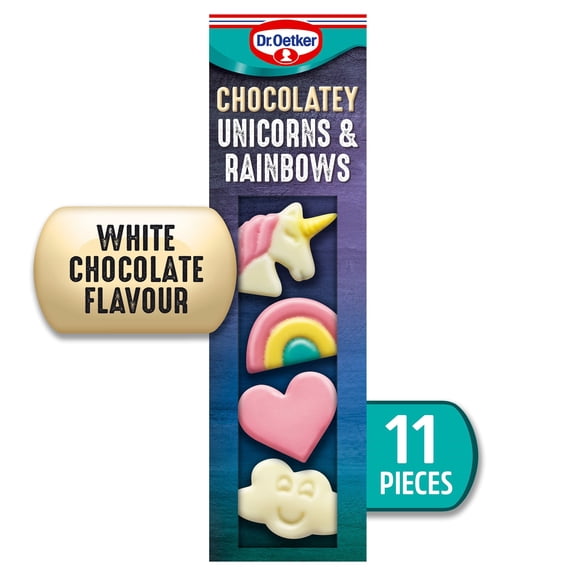 Dr Oetker 11 White Chocolate Unicorns & Rainbows 18G, Imported from Britain