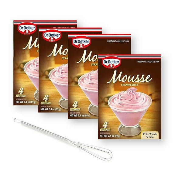 Dr. Oetker Strawberry Mousse Instant Mousse Mix 2.4 Oz. X 4 with Mini Stainless Steel Wire Whisk (5-Pc Set)