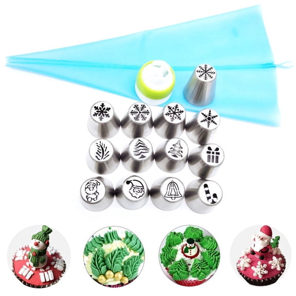 JAYWAYNE 15 Pcs Christmas Piping Tips and Bags Set, 13 Stainless Steel Icing Nozzles with 2 Pastry Bags, Holiday Cupcake Cake Decorating Kit