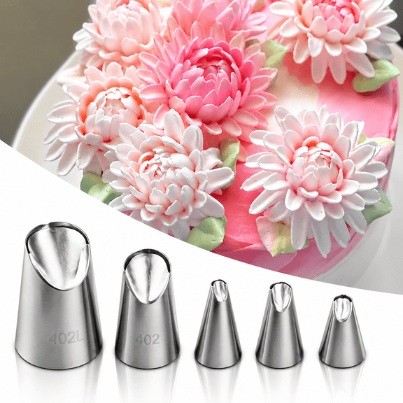 JAYWAYNE 5 Pc Rose Piping Tips Set, Stainless Steel Petal Icing Nozzles for Cake Cupcake Decorating, Cake Decorating Kit for Beginners