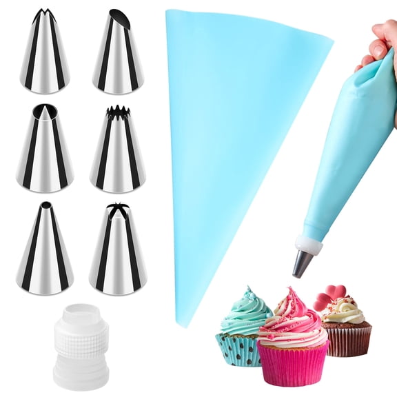 JAYWAYNE 8 Pcs Piping Bags and Tips Set, 6 Stainless Steel Icing Nozzles with Reusable Pastry Bag and Coupler, Easy to Use Cake Decorating Kit for Cupcakes Cookies