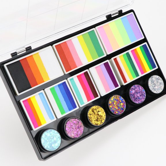 Dr.Pedi Rainbow Face Paint Palette Kids Multi-Color Split Cakes with Glitter Pots 10 Grid Rainbow Body Paint Kit