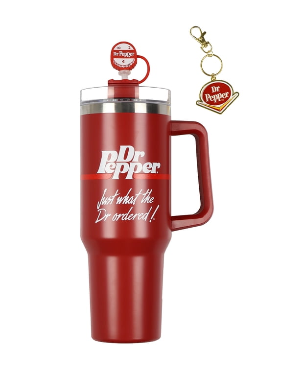 Dr Pepper 30-oz Stainless Steel Tumbler Cup Set with Handle Straw Cover Topper Retro Logo Keychain Insulated Travel Mug