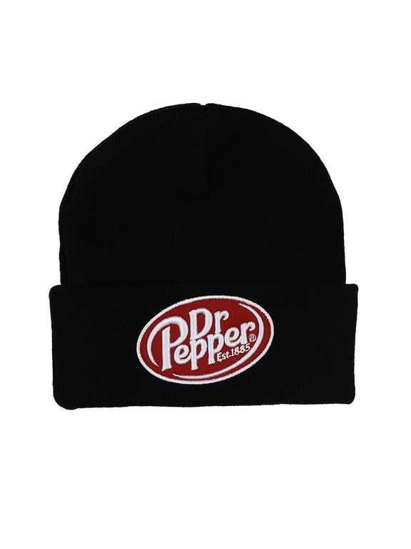 Dr Pepper Beanie Black Knit Fold Cuff Hat Skull Cap with Embroidered Logo OSFM Adult