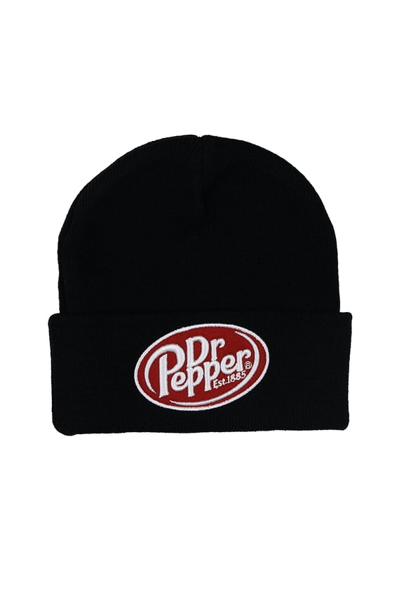 Dr Pepper Beanie Black Knit Fold Cuff Hat Skull Cap with Embroidered Logo OSFM Adult