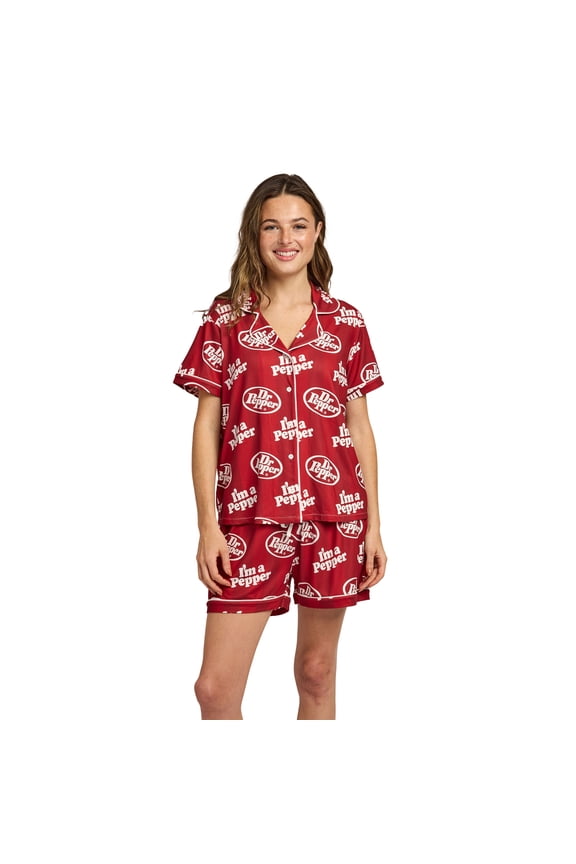 Dr. Pepper Classic Logo All-Over Print Women’s Notch Collar Button-Down Shirt and Shorts Sleepwear Set -Xl