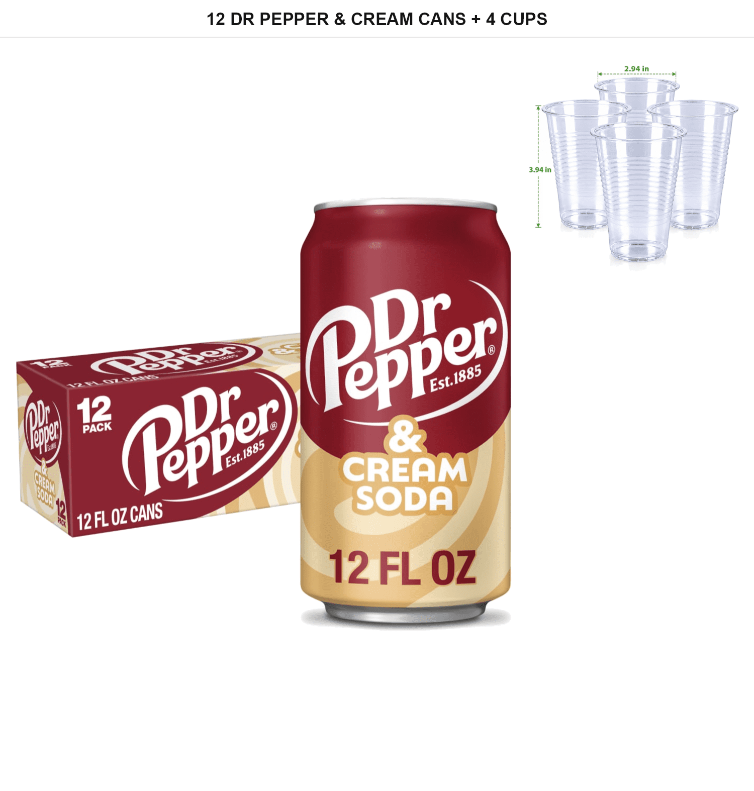 Dr Pepper & Cream Soda, 12 Cans, 12 fl oz Each with 4x Disposable Cups ...