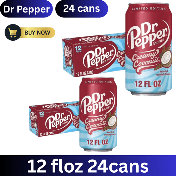 Dr Pepper Creamy Coconut Soda Pop, Coconut Flavored Carbonated Soft Drink, Refreshing Sparkling Beverage, 12 fl oz Cans, 24 Pack