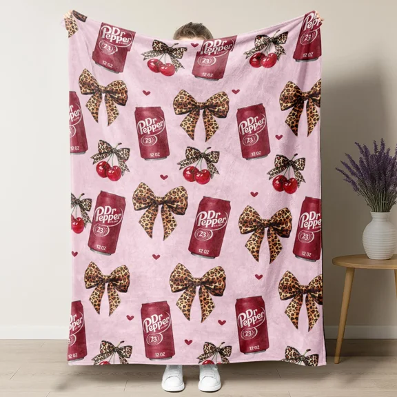 Dr Pepper Flannel Leopard Print Bow Throw Blanket Cozy Soft Fluffy Blanket Decorative Giftable Soft Fleece Blanket Figure Print Slogan Reversible Fluffy