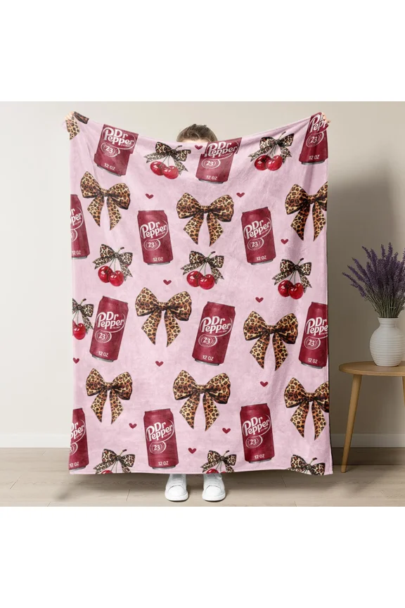 Dr Pepper Flannel Leopard Print Bow Throw Blanket Cozy Soft Fluffy Blanket Decorative Giftable Soft Fleece Blanket Figure Print Slogan Reversible Fluffy