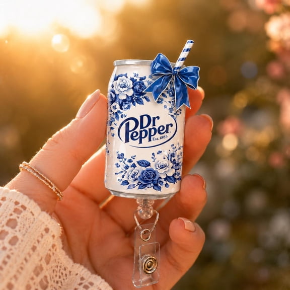 Dr Pepper Floral Soda Badge Reel, Coquette Bow Aesthetic Retractable Badge Holder, Teacher Nurse Badge Blue Girly Drink Healthcare