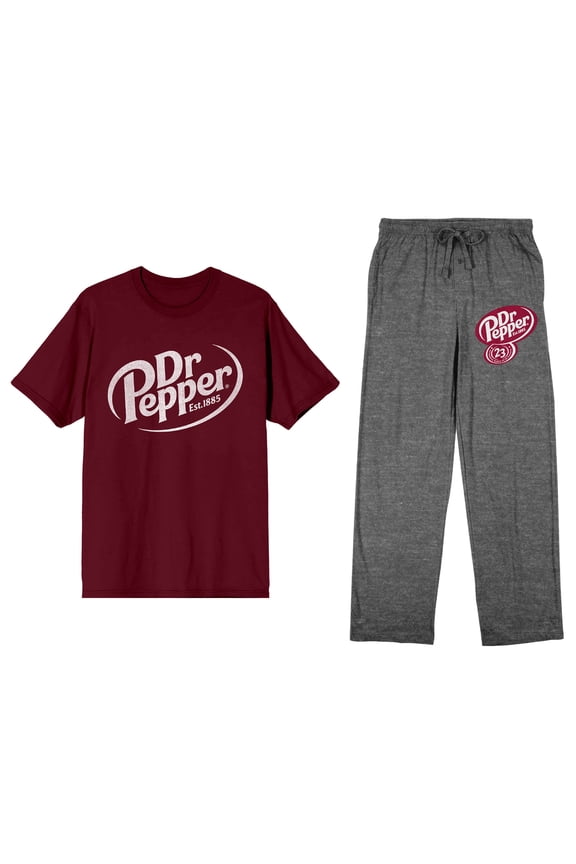 Dr Pepper Logo Adult Maroon T-Shirt and Heather Gray Sleep Pajama Pant Set-Large