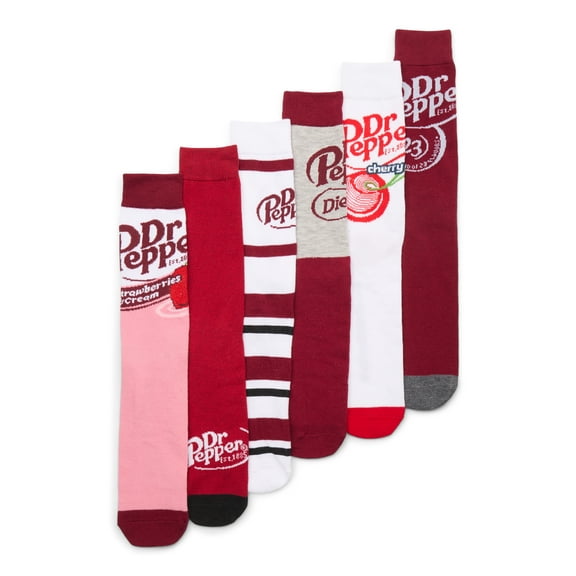 Dr Pepper Crew Socks, 6-Pack, Sizes 8-12