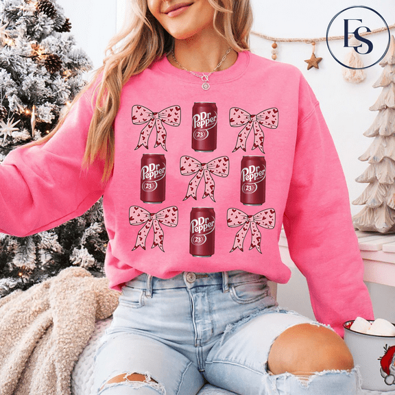 Dr Pepper Pink Coquette Bow Sweatshirt | Soda Lover Heart Bow Crewneck | Cute Valentine Gift for Her & Him