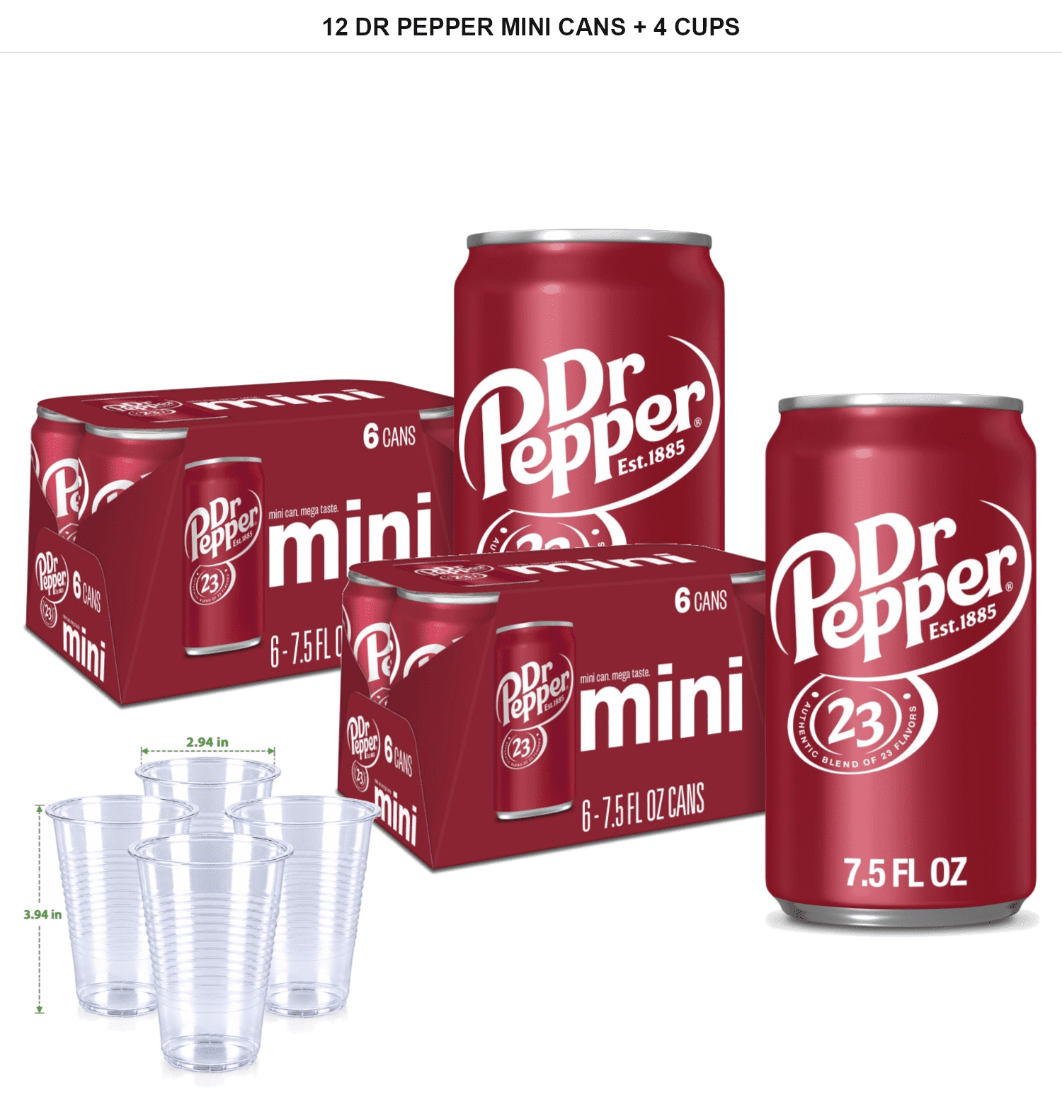 Dr Pepper Soda, 12 Mini Cans, 7.5 fl oz Each with 4x Disposable Cups ...