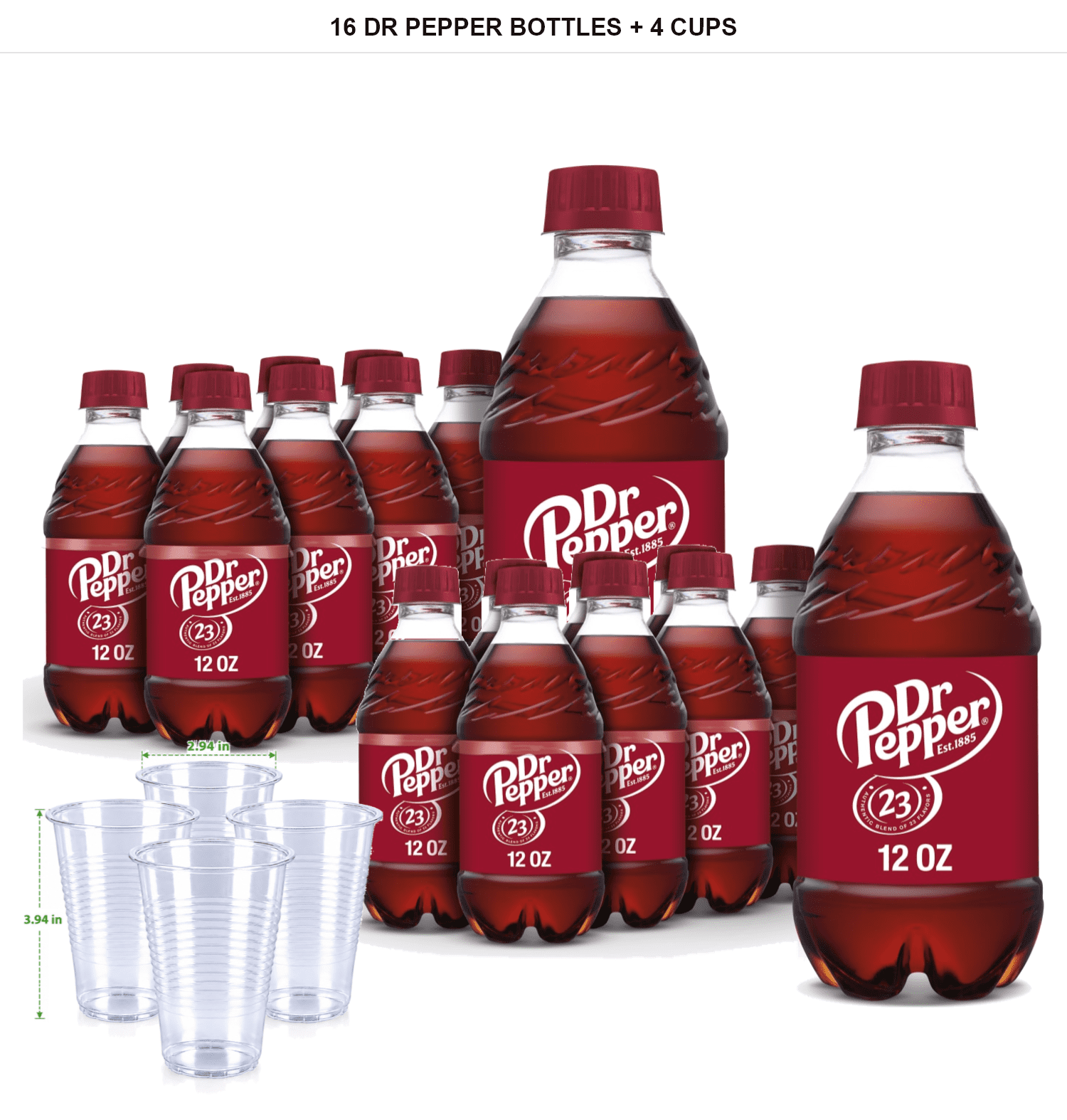 Dr Pepper Soda, 16 Bottles, 12 fl oz Each with 4x Disposable Cups ...