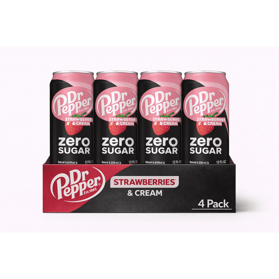 Dr Pepper Strawberries & Cream Zero Sugar Soda 4 Pack, 12 fl oz Cans | Zero Sugar Creamy Strawberry Soft Drink
