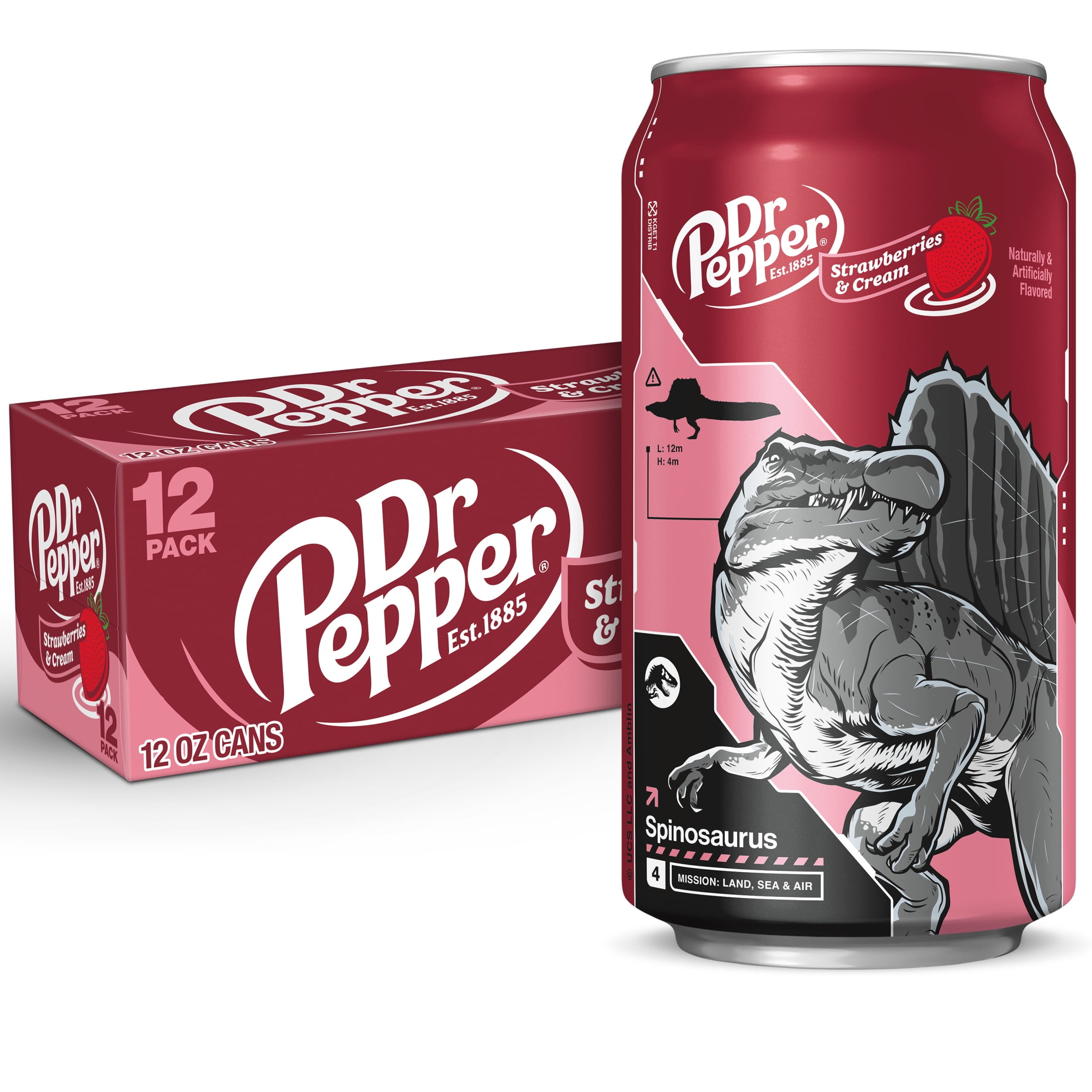 Dr Pepper Strawberries and Cream Soda Pop, 12 fl oz, 12 Pack Cans, Jurassic World Rebirth Limited Edition
