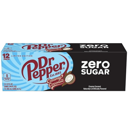 Dr Pepper Zero Sugar Creamy Coconut Soda Pop, 12 fl oz, 12 Pack Cans