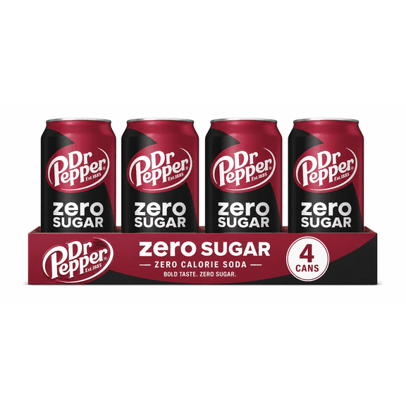 Dr Pepper Zero Sugar Soda, Zero Calorie Soft Drink, 4 Count Cans