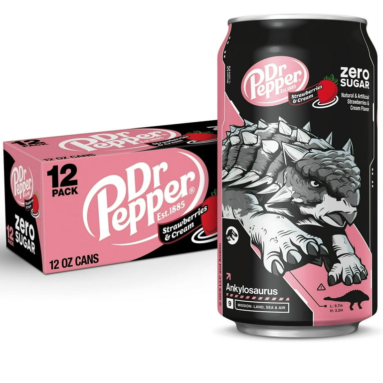 Dr Pepper Zero Sugar Strawberries and Cream Soda Pop, 12 fl oz, 12