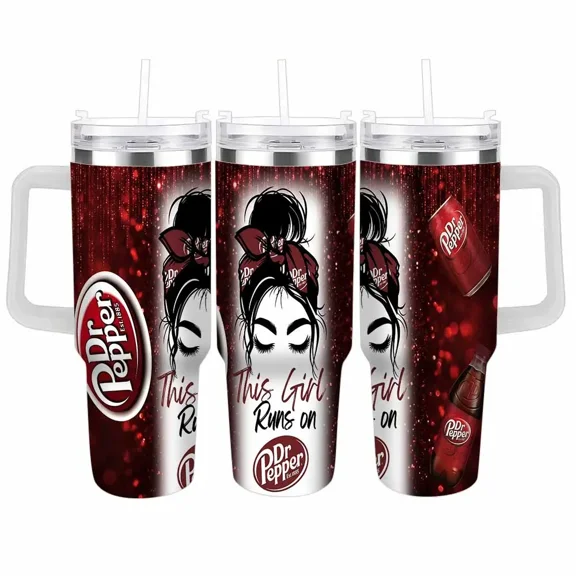 Dr Pepper car cup retro soda pop graphic print insulated travel tumbler perfect for daily commutes road trips office breaks and outdoor adventures ideal gift for soda lovers