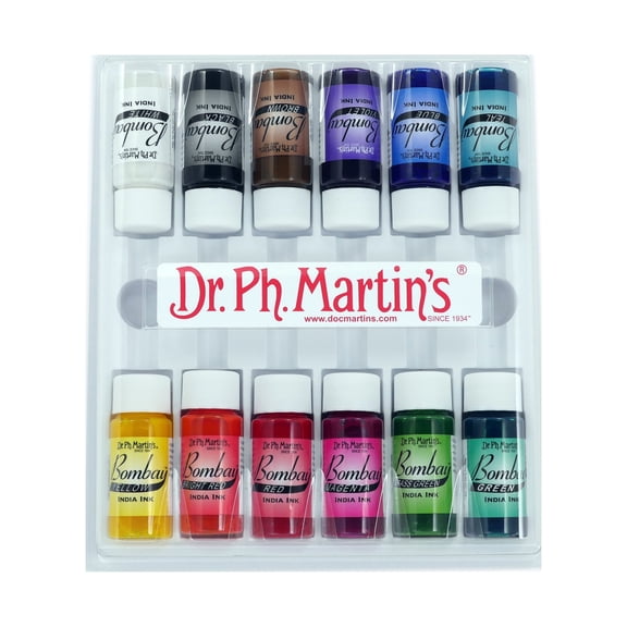 Dr. Ph. Martin's Bombay India Ink (Set 1) Ink Set,  US fl oz, Set 1 Colors, 1 Set of 12 Bottles