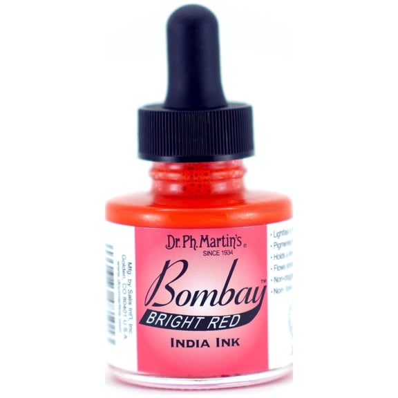 Dr. Ph. Martin's Bombay India Ink (10BY) Ink Bottle, 1.0 US fl oz, Bright Red, 1 Bottle