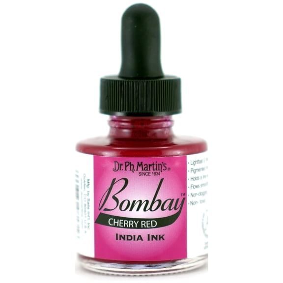 Dr. Ph. Martin's Bombay India Ink (17BY) Ink Bottle, 1.0 US fl oz, Cherry Red, 1 Bottle