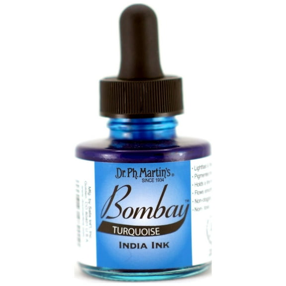 Dr. Ph. Martin's Bombay India Ink (20BY) Ink Bottle, 1.0 US fl oz, Turquoise, 1 Bottle