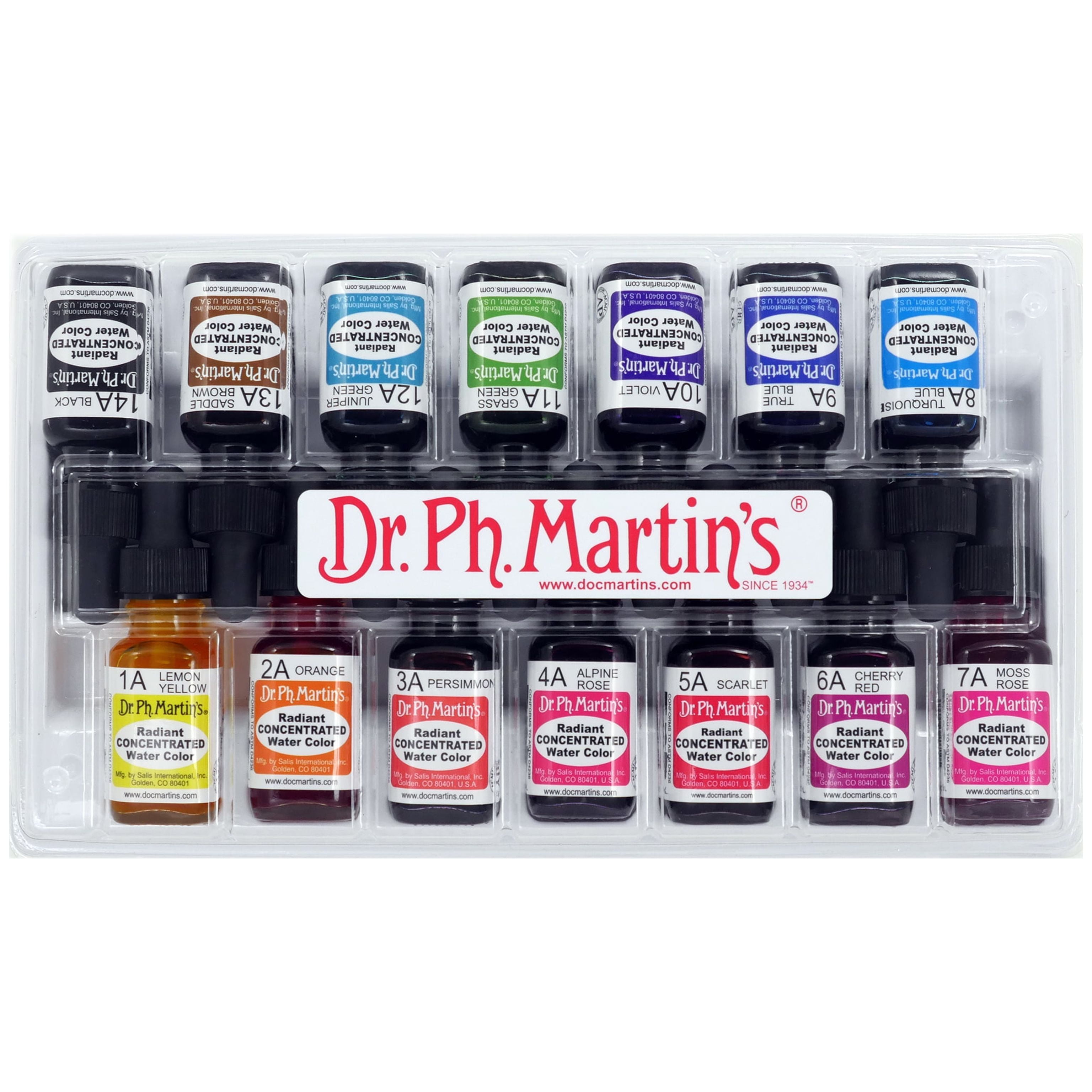 Dr. Ph. Martin's® Radiant Concentrated Water Color (Set A) Watercolor Set, ½ US fl oz, Set A Colors, 1 Set of 14 Bottles