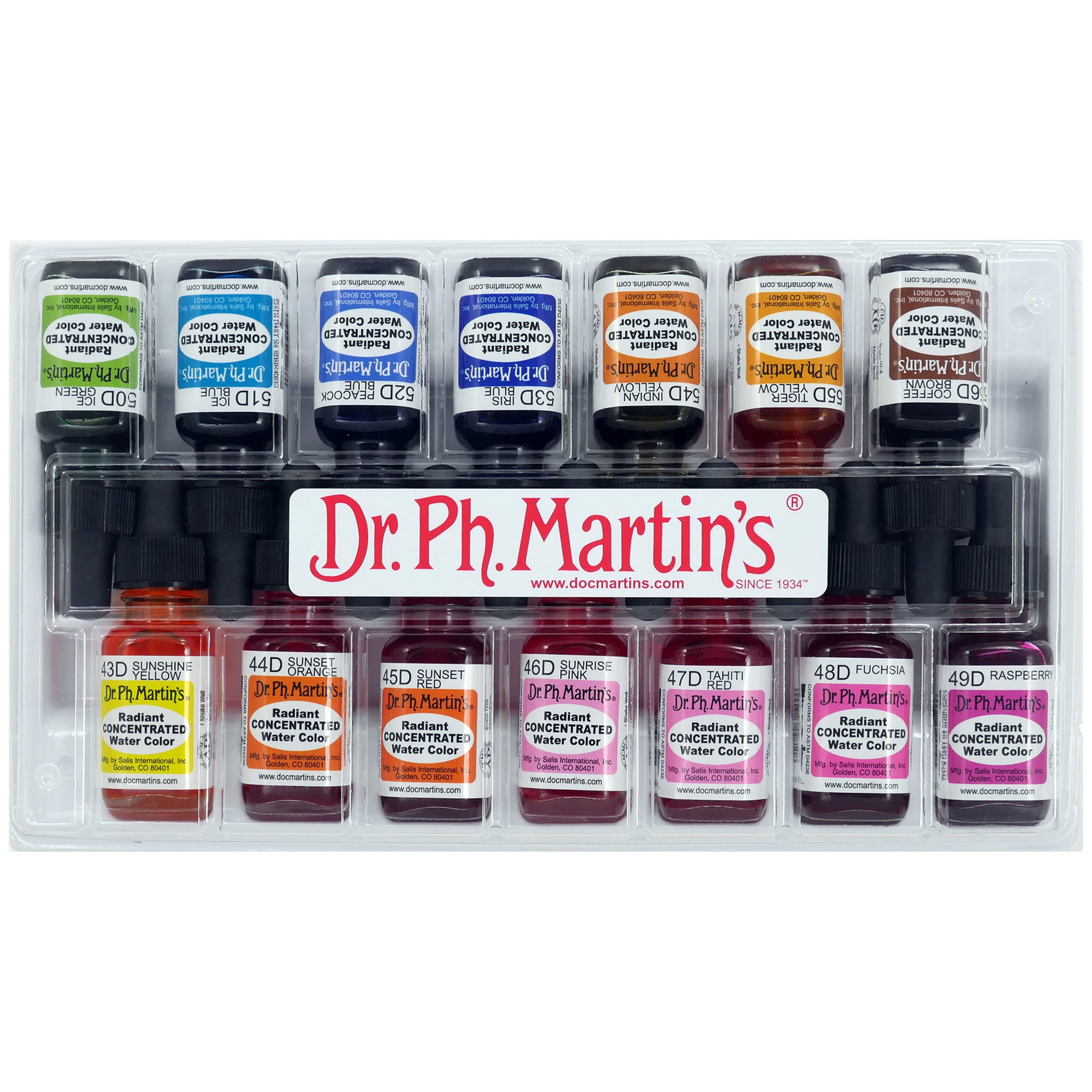 Dr. Ph. Martin's® Radiant Concentrated Water Color (Set D) Watercolor Set, ½ US fl oz, Set D Colors, 1 Set of 14 Bottles