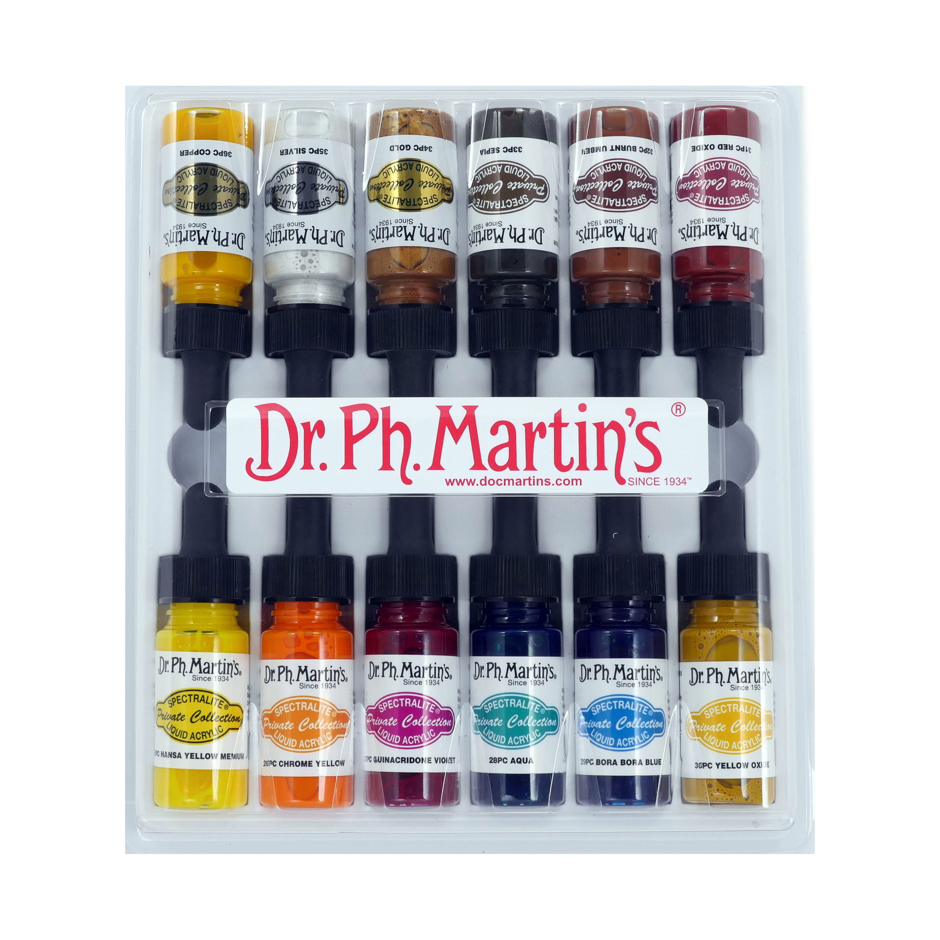 Dr. Ph. Martin's® Spectralite Private Collection Liquid Acrylics (Set 3) Arcylic Paint Set, ½ US fl oz, Set 3 Colors, 1 Set of 12 Bottles