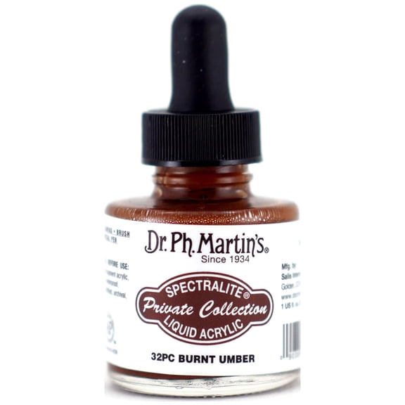 Dr. Ph. Martin's Spectralite Private Collection Liquid Acrylics (32PC) Arcylic Paint Bottle, 1.0 US fl oz, Burnt Umber, 1 Bottle