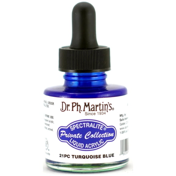 Dr. Ph. Martin's Spectralite Private Collection Liquid Acrylics (21PC) Arcylic Paint Bottle, 1.0 US fl oz, Turquoise Blue, 1 Bottle