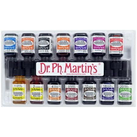 Dr. Ph. Martin's® Synchromatic Transparent Water Color (Student Art Set) Watercolor Set, ½ US fl oz, Assorted Colors, 1 Set of 14 Bottles