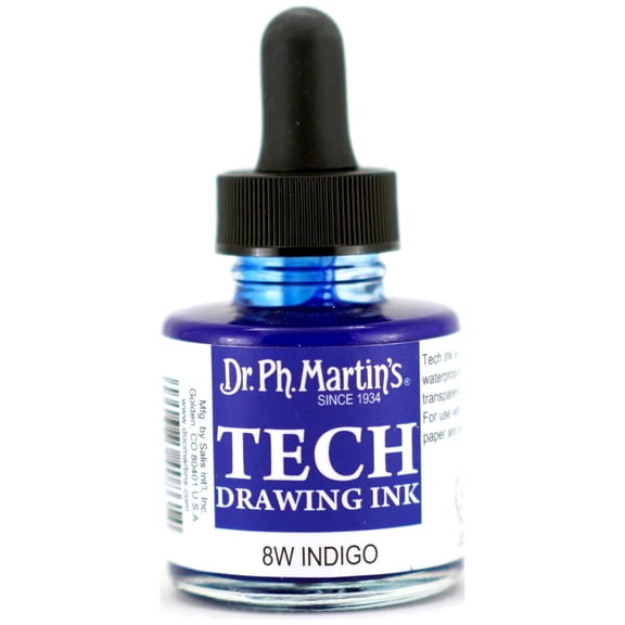 Dr. Ph. Martin's TECH Drawing Ink (8W) Ink Bottle, 1.0 US fl oz, Indigo, 1 Bottle