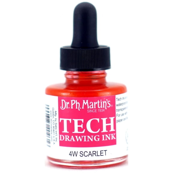 Dr. Ph. Martin's TECH Drawing Ink (4W) Ink Bottle, 1.0 US fl oz, Scarlet, 1 Bottle