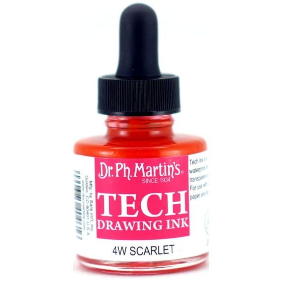 Dr. Ph. Martin's® TECH Drawing Ink (4W) Ink Bottle, 1.0 US fl oz, Scarlet, 1 Bottle