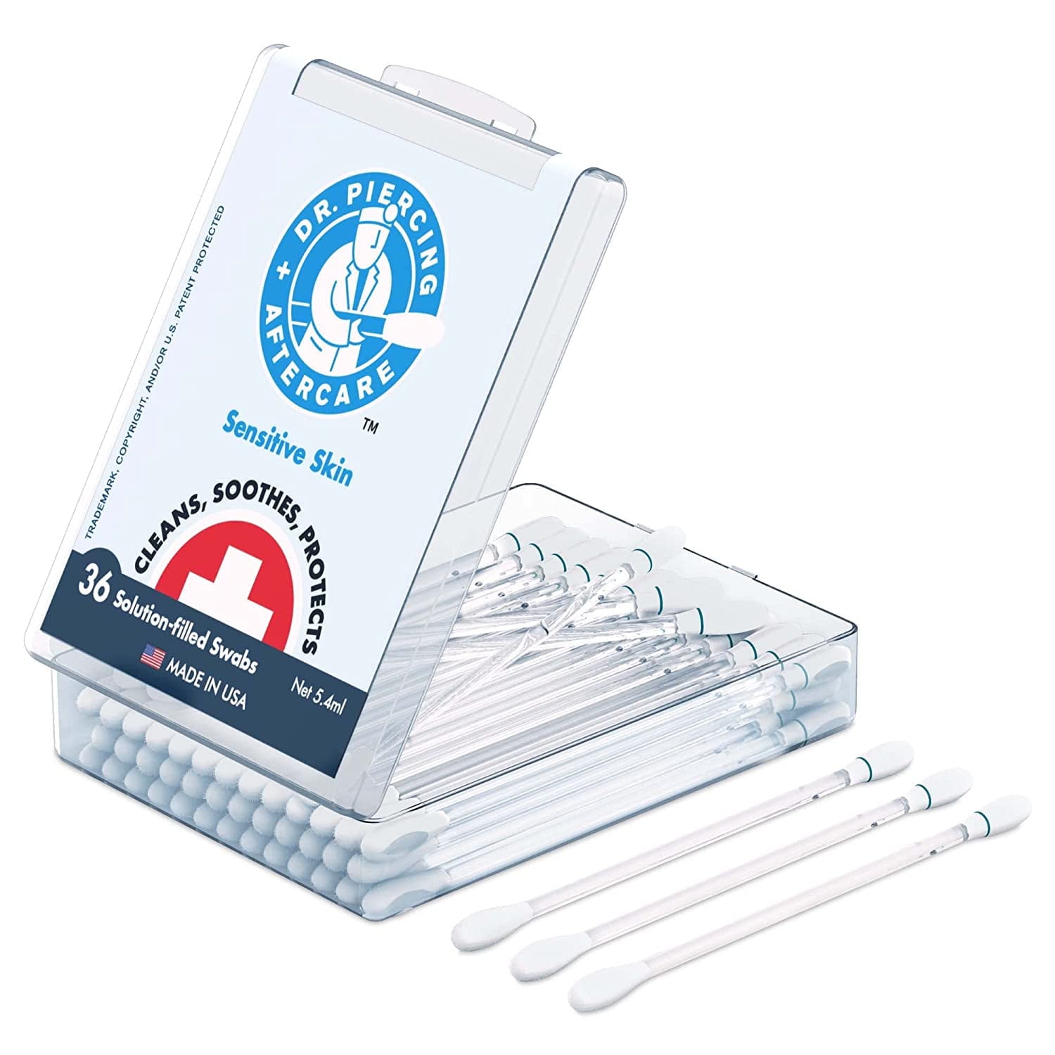 Dr. Piercing Aftercare Swabs (Sensitive Skin) - Gentle Ear Piercing Cleaner Saline Wound Wash - Saline Solution for Piercings Hole Cleaner, Keloid Bump Removal, Nose Piercing Bump Treatment - 36 ct